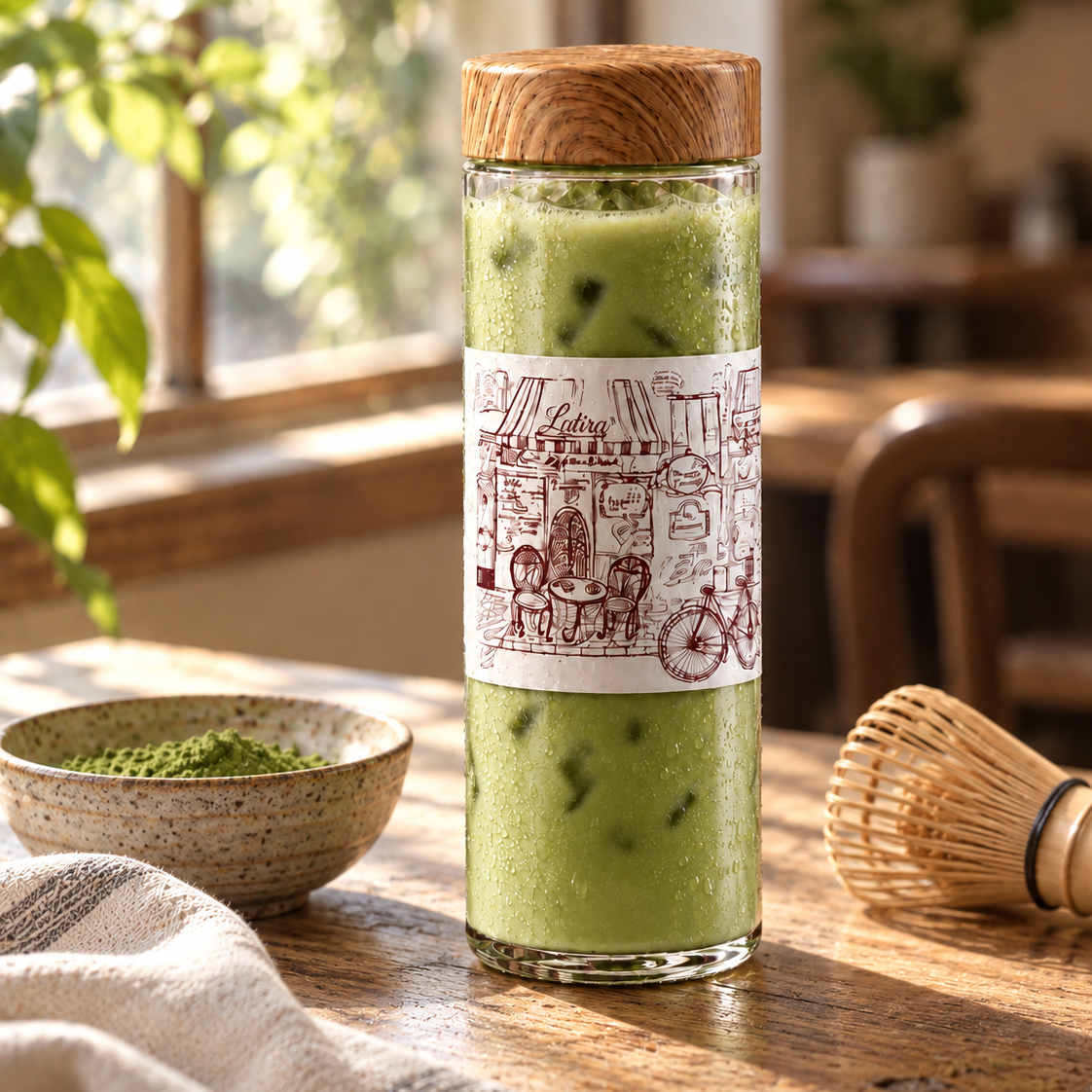 A clear glass bottle with a wooden lid and a white illustrated label, filled with green iced matcha drink, set on a wooden table in a warm, sunlit room with a bowl of matcha powder and a bamboo whisk nearby.